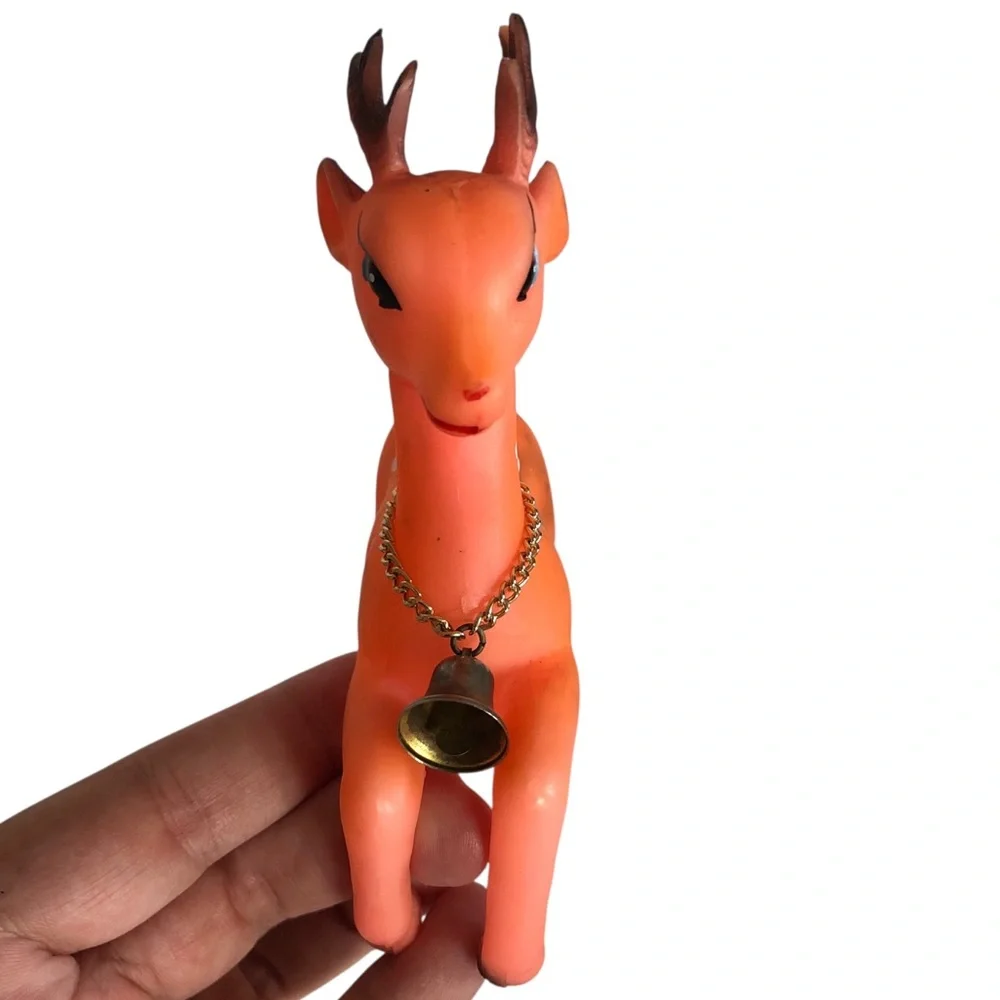 VINTAGE 60s Christmas Rare Orange Rubber Leaping Deer Reindeer Swivel Head Japan